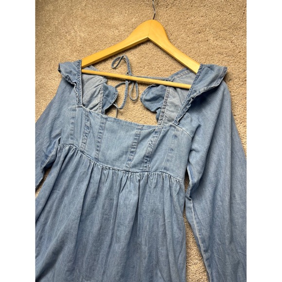 Free People XS Chambray Denim Ruffle Collar Cottagecore Long Sleeve Tie Back Top - Picture 10 of 14